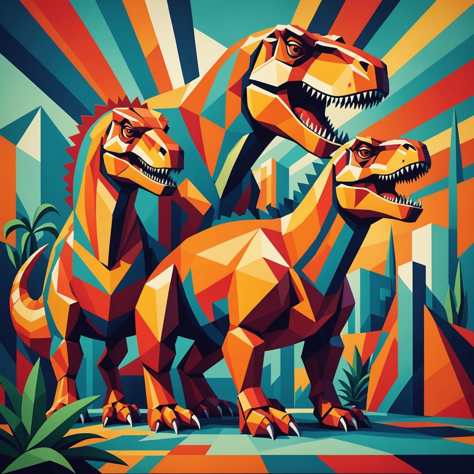 Hydra and T-Rex in Cubist Geometric Style