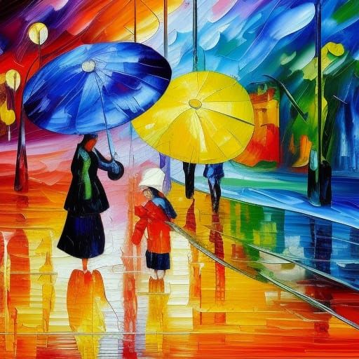 Rainy Day Rainbow: Neo-Impressionist Women with Umbrella