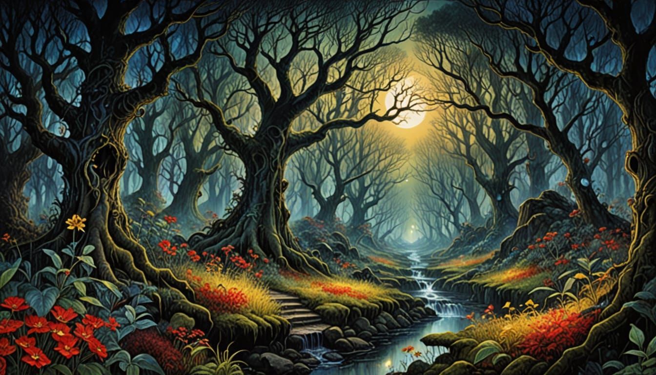 Mysterious Forest Garden with Watching Eyes