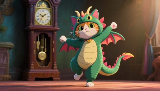 Cat In Dragon Costume Dances Before Grandfather Clock