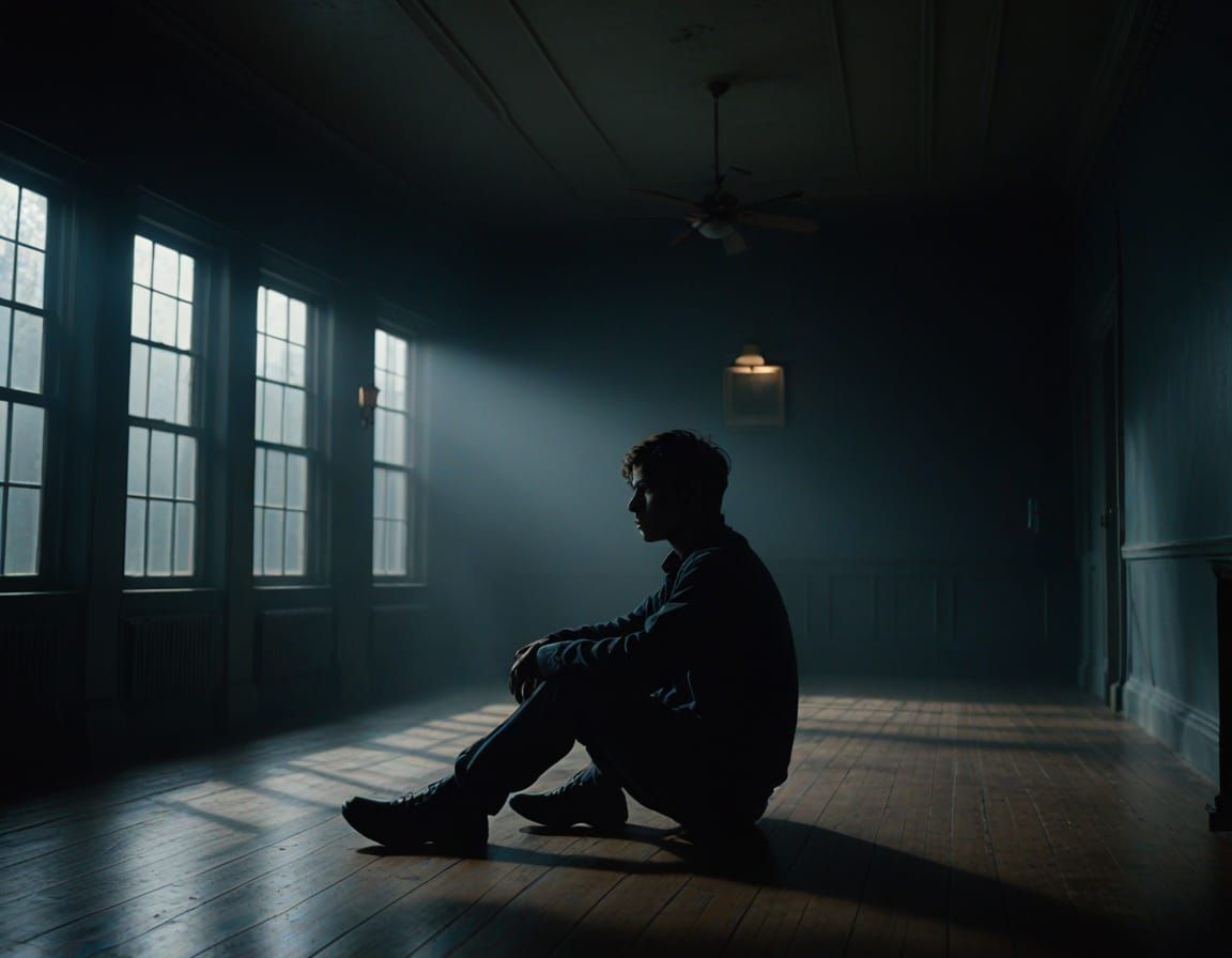 Desolate Figure Illuminated in Moody Darkness