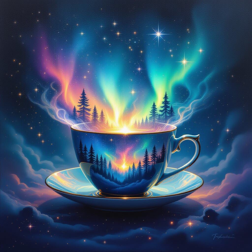 Sentient Teacup in Nebula as Surrealist Oil Painting