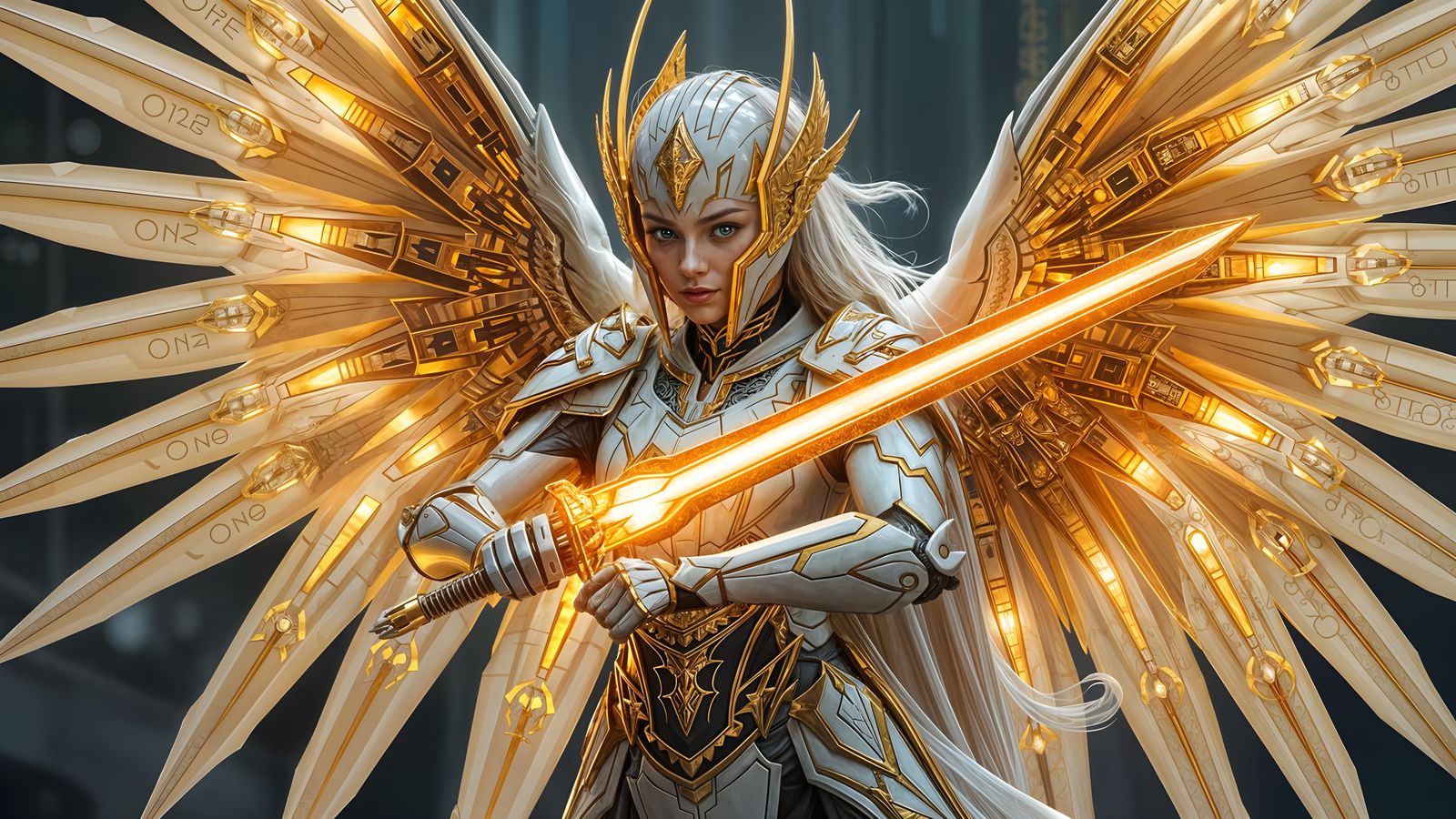 Angelic Warrior in Gold Armor with Mechanical Wings