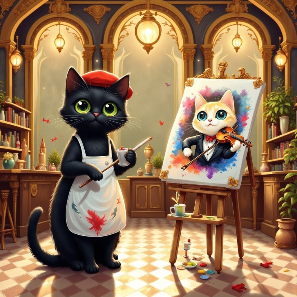 Whimsical Cats in Grand Opera Lobby