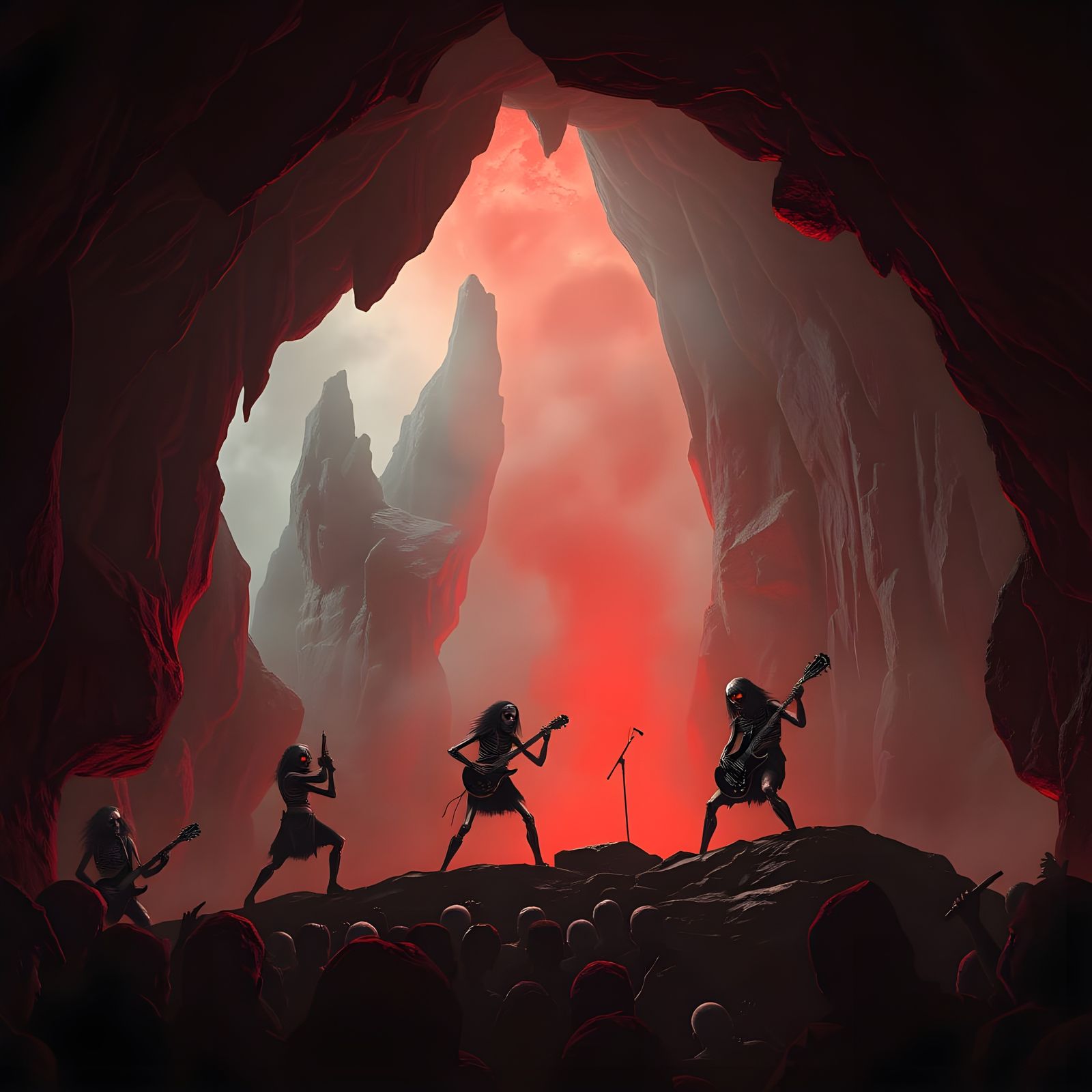 Skeletal Band Rocks Volcanic Cavern in Dark Fantasy Style