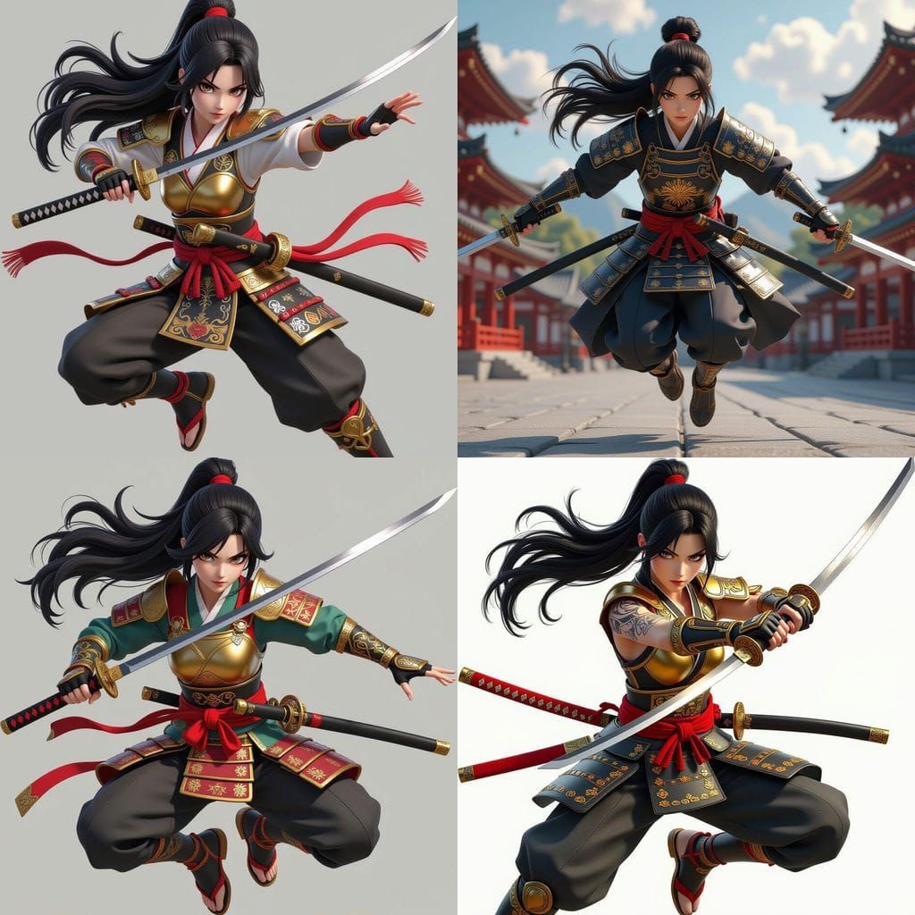 Dynamic Samurai Girl Leaping with Katana in 3D Anime Art