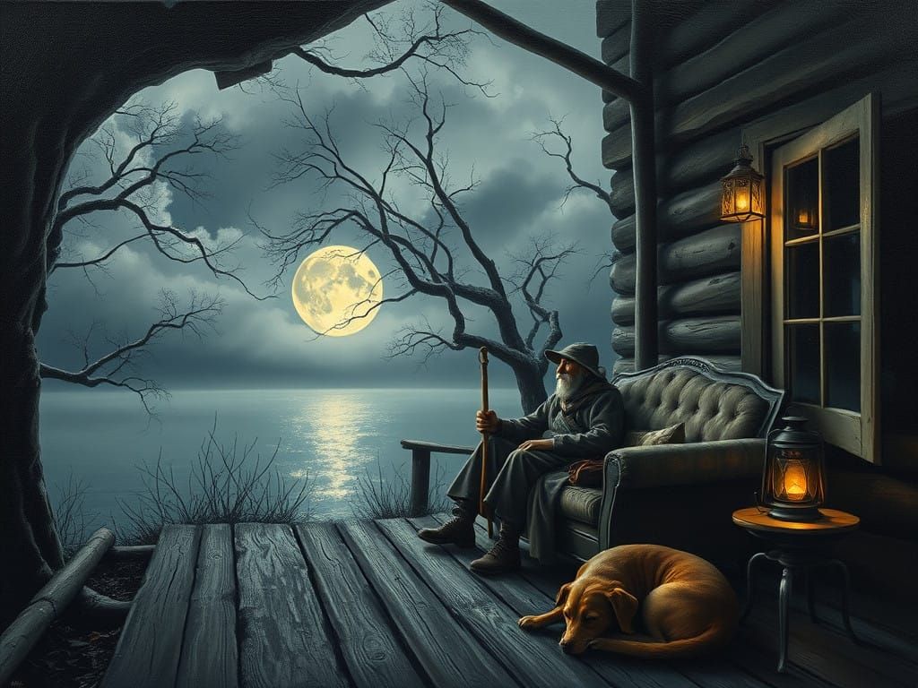 Elderly Man Finds Solace on Porch of Ancient Woodland Home