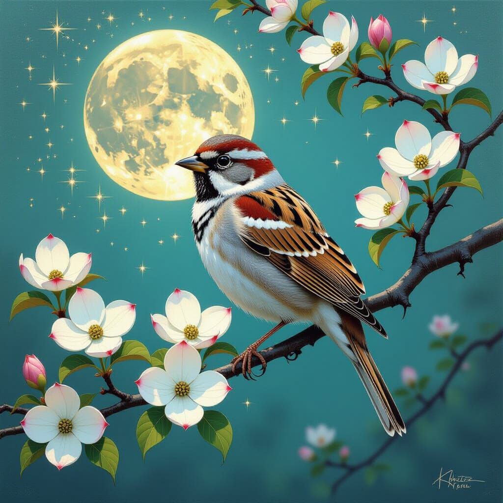 Sparrow with Iridescent Stardust, Klimt-Inspired Art