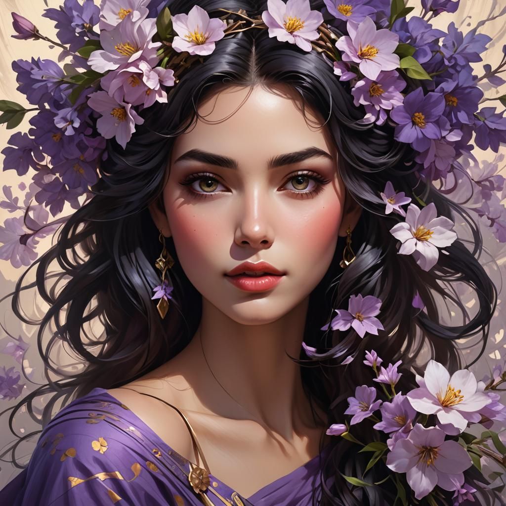 Beautiful Girl Portrait with Violet Flowers