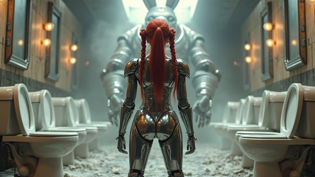 Cyberpunk Cyborg Woman Confronts Mechanical Rabbit in Apocal...