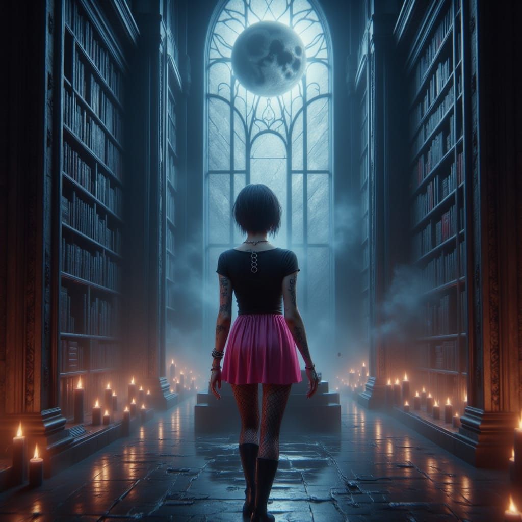 Ethereal Library with Moon Pedestal and Goth Woman