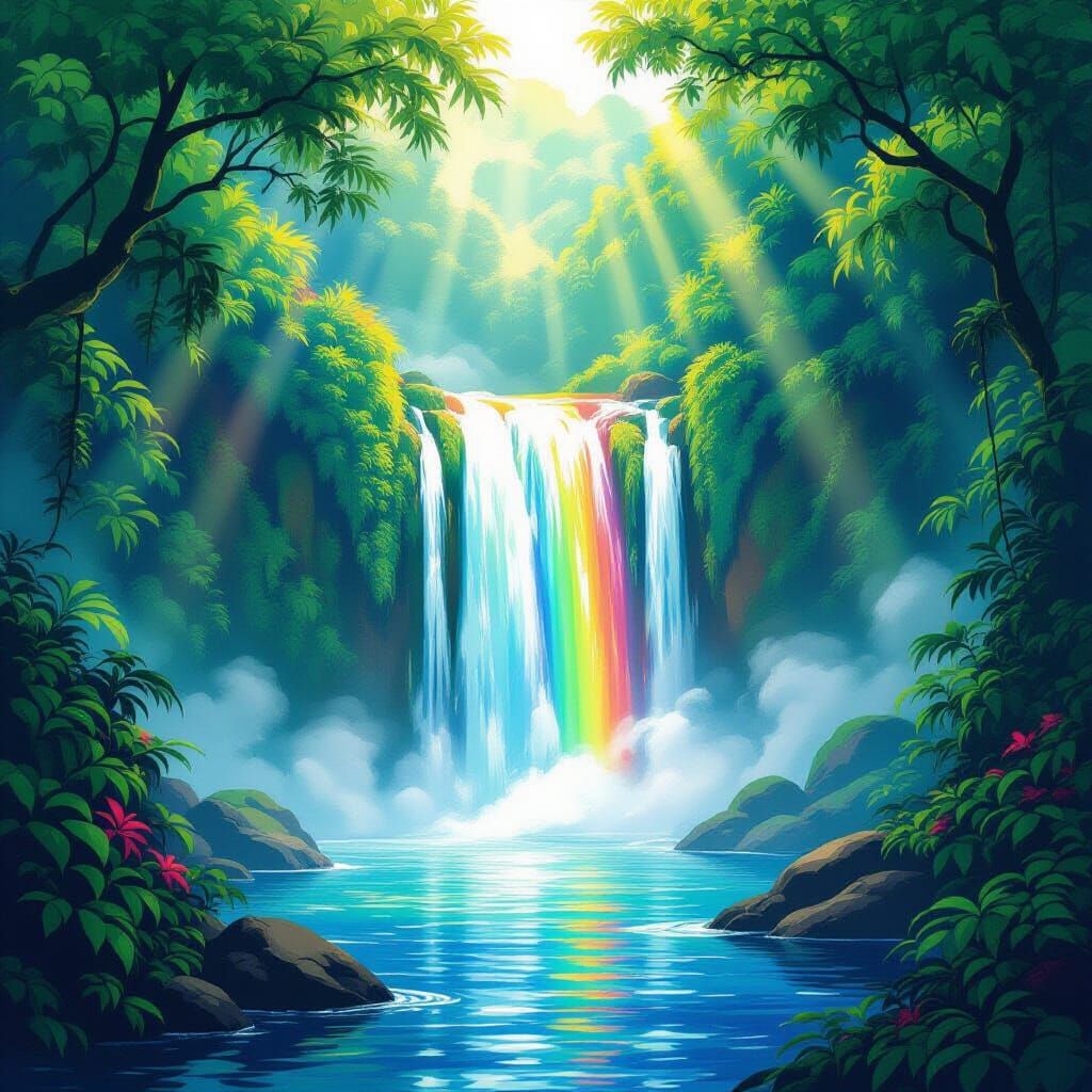 Rainbow Waterfall in Dreamlike Jungle, Vibrant Digital Art