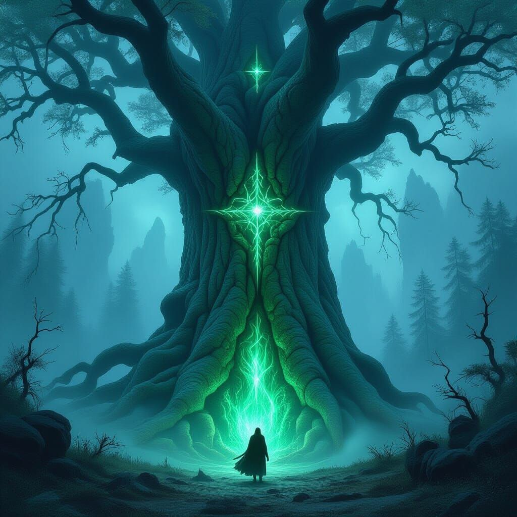 Ancient Tree with Glowing Runes in Misty Forest