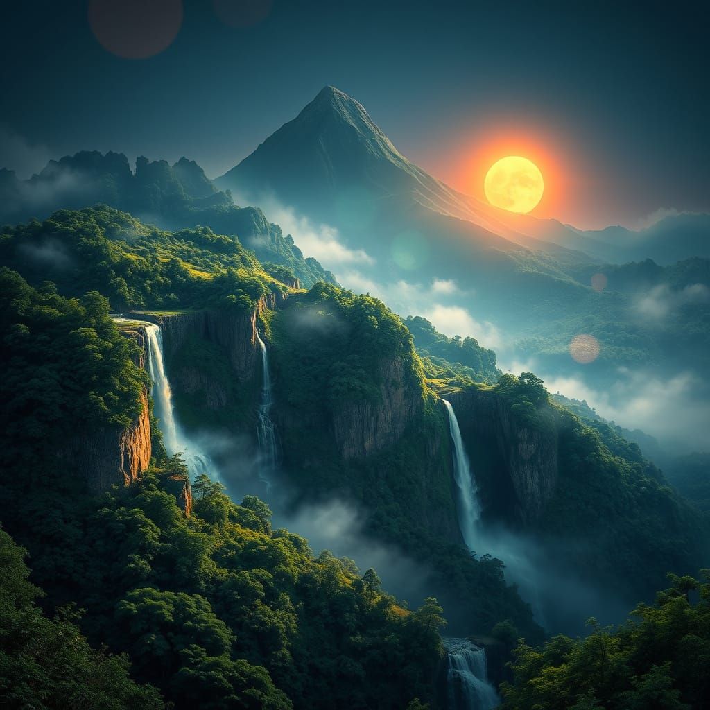 Misty Mountain Peak at Sunrise in Soft Painting Style