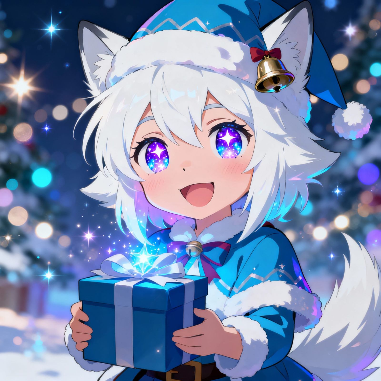 Anime Christmas Elf Wolf Girl with Starlight Eyes