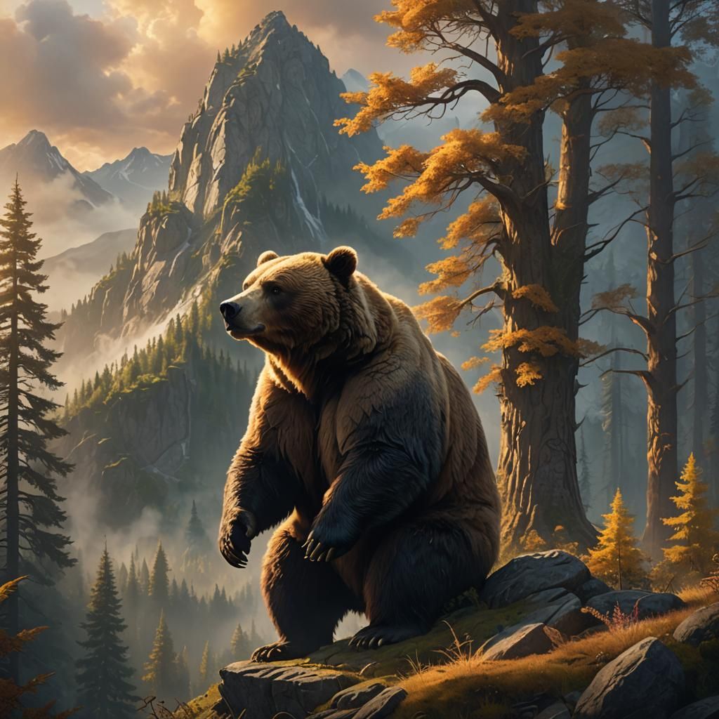 Majestic Mountain Landscape with Bear: Fantasy Matte Paintin...