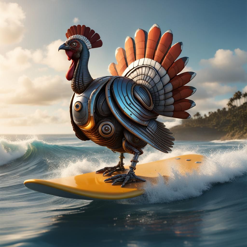 Robotic Turkey Surfing: Detailed Fantasy Concept Art