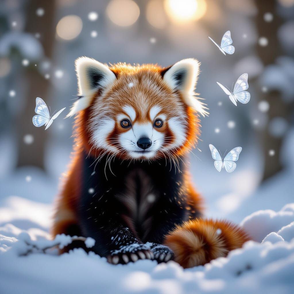 Curious Red Panda in Snowy Forest with Ice Butterflies