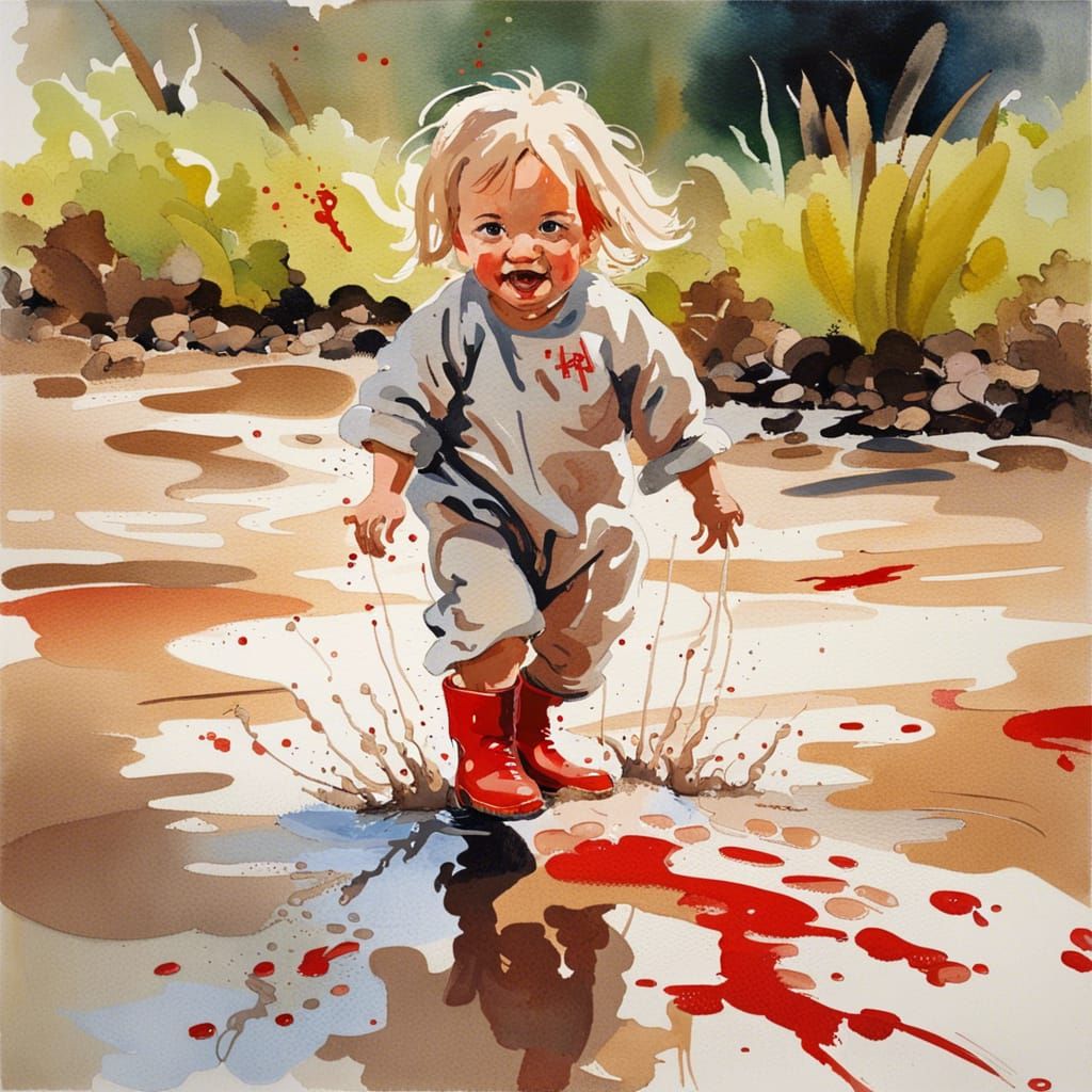 Toddler's Muddy Puddle Adventure in Gouache Style