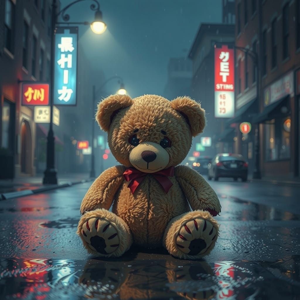 Tattered Teddy Bear on Rainy Atlanta Street in Dark Fantasy ...