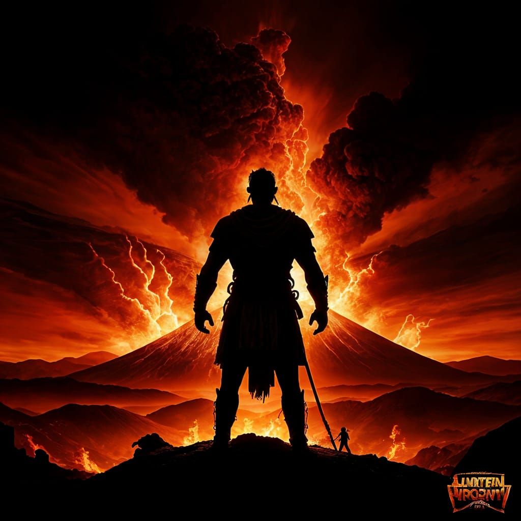 Ancient Warrior on Smoldering Volcano Under Apocalyptic Sky