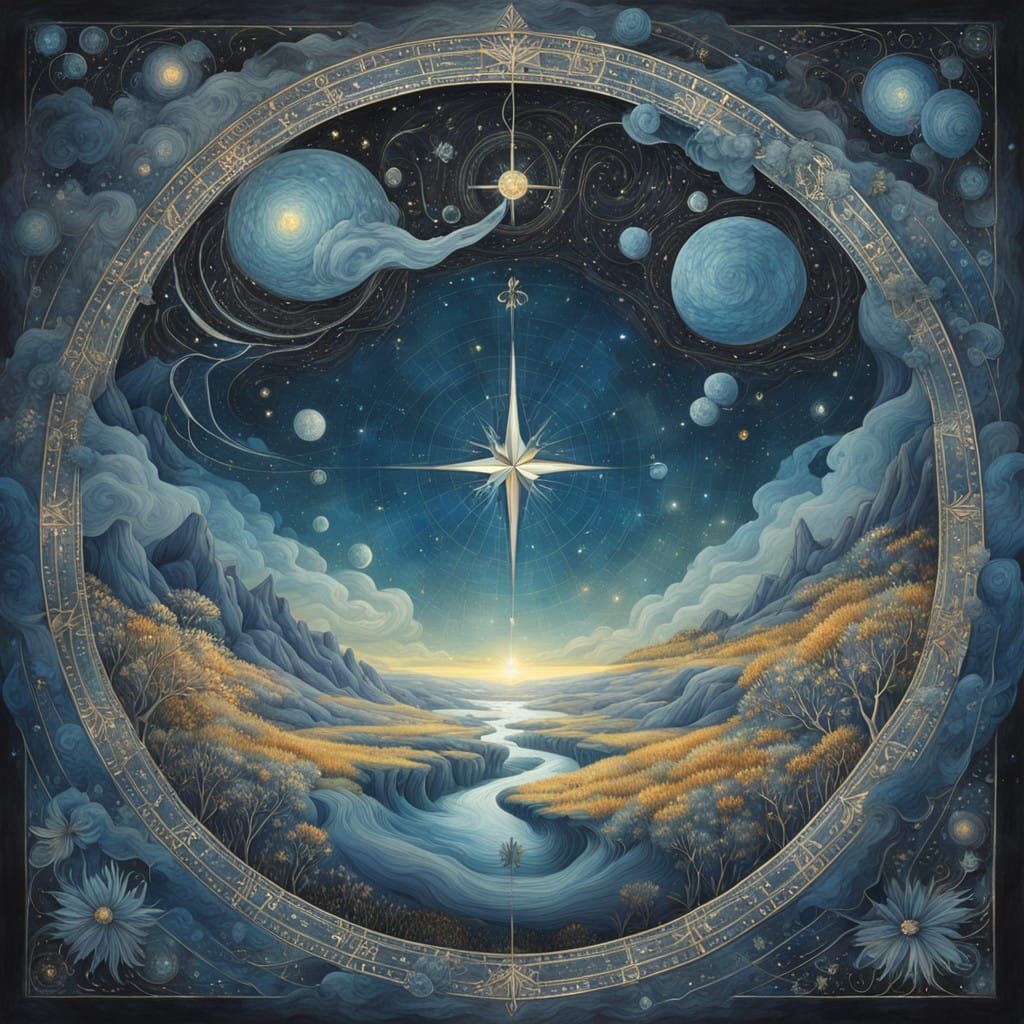 Celestial Compass in Ethereal Starlit Landscape