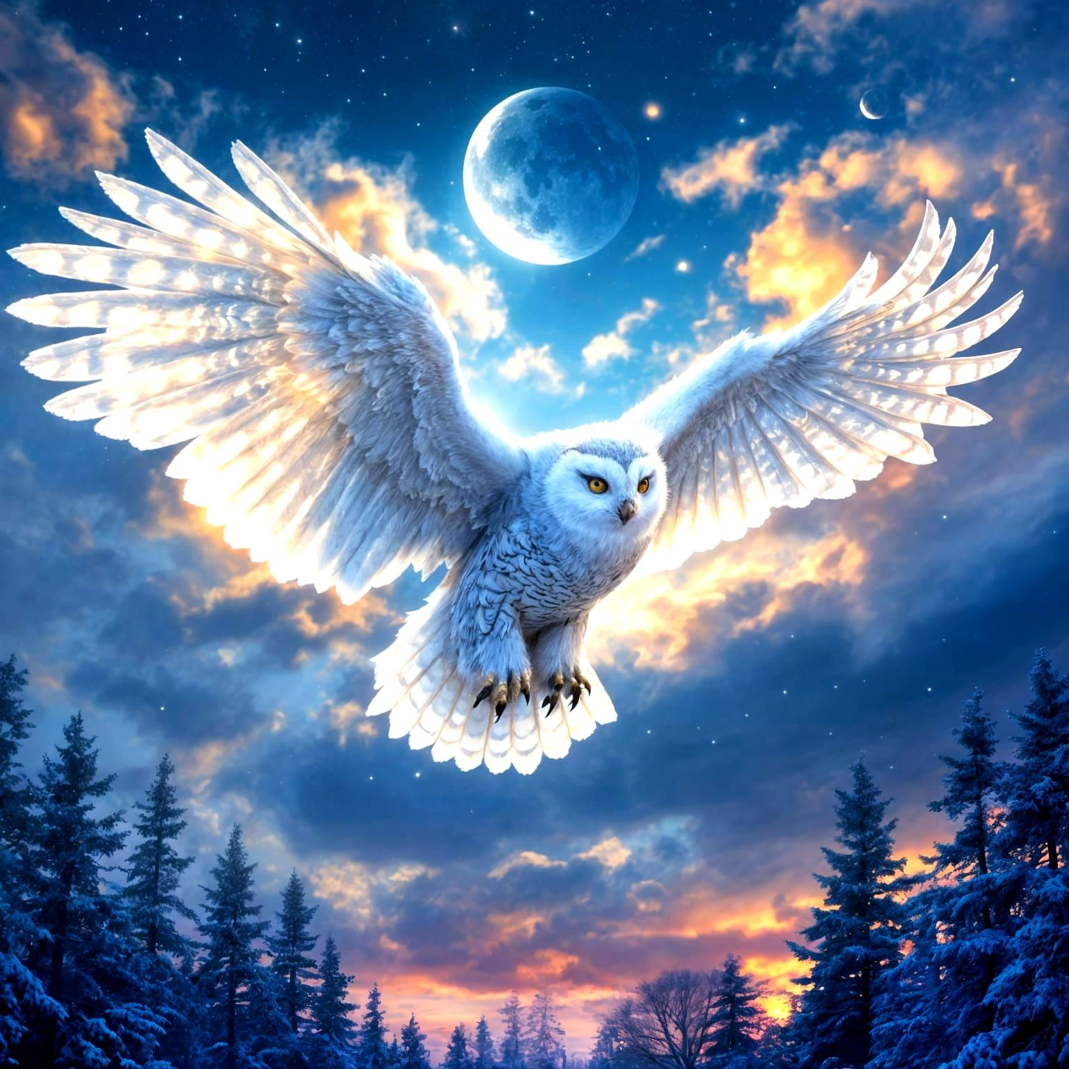 Surreal Snow Owl Soars Over Enchanted Forest Under Vibrant T...