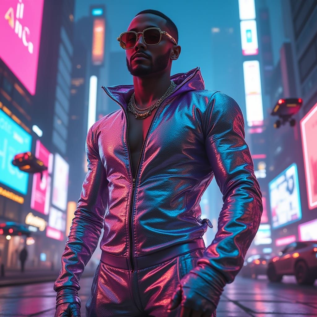 Rapper in Chrome Bodysuit in Cyberpunk Cityscape
