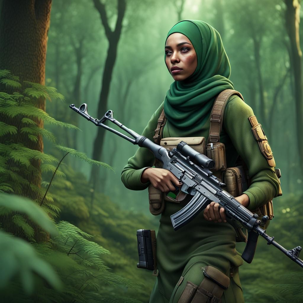 Hijabi Soldier in Forest: Fantasy Concept Art