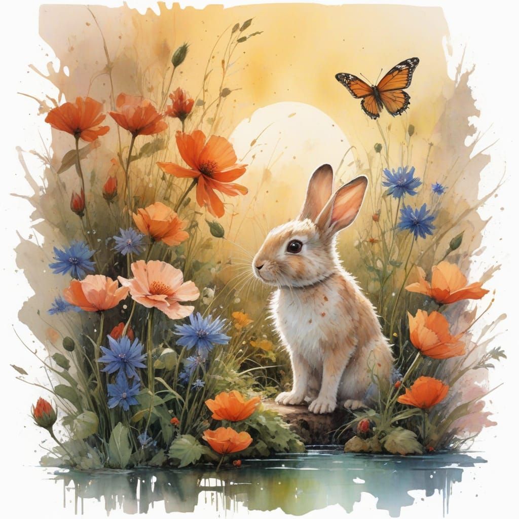 Bunny Leaps Through Poppy Garden with Wet-on-Wet Washes