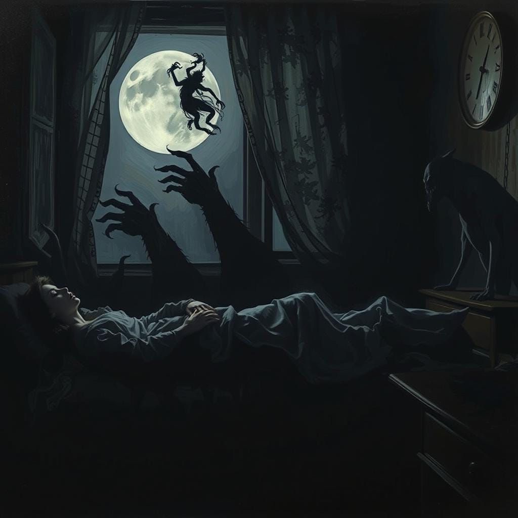 Eerie Film Noir Bedroom Scene with Shadow Monsters