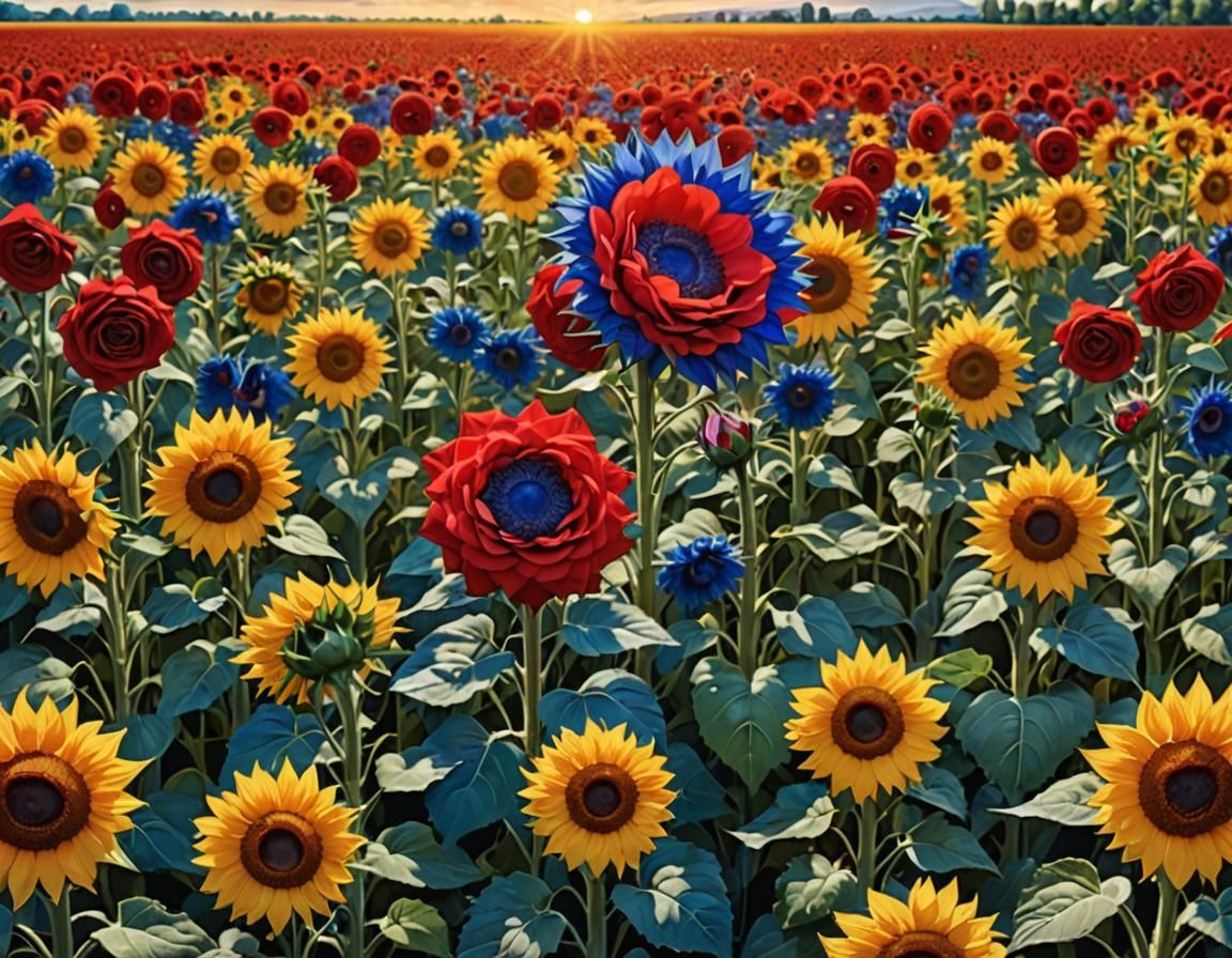 Magical Art Deco Field of Sunflowers and Rose