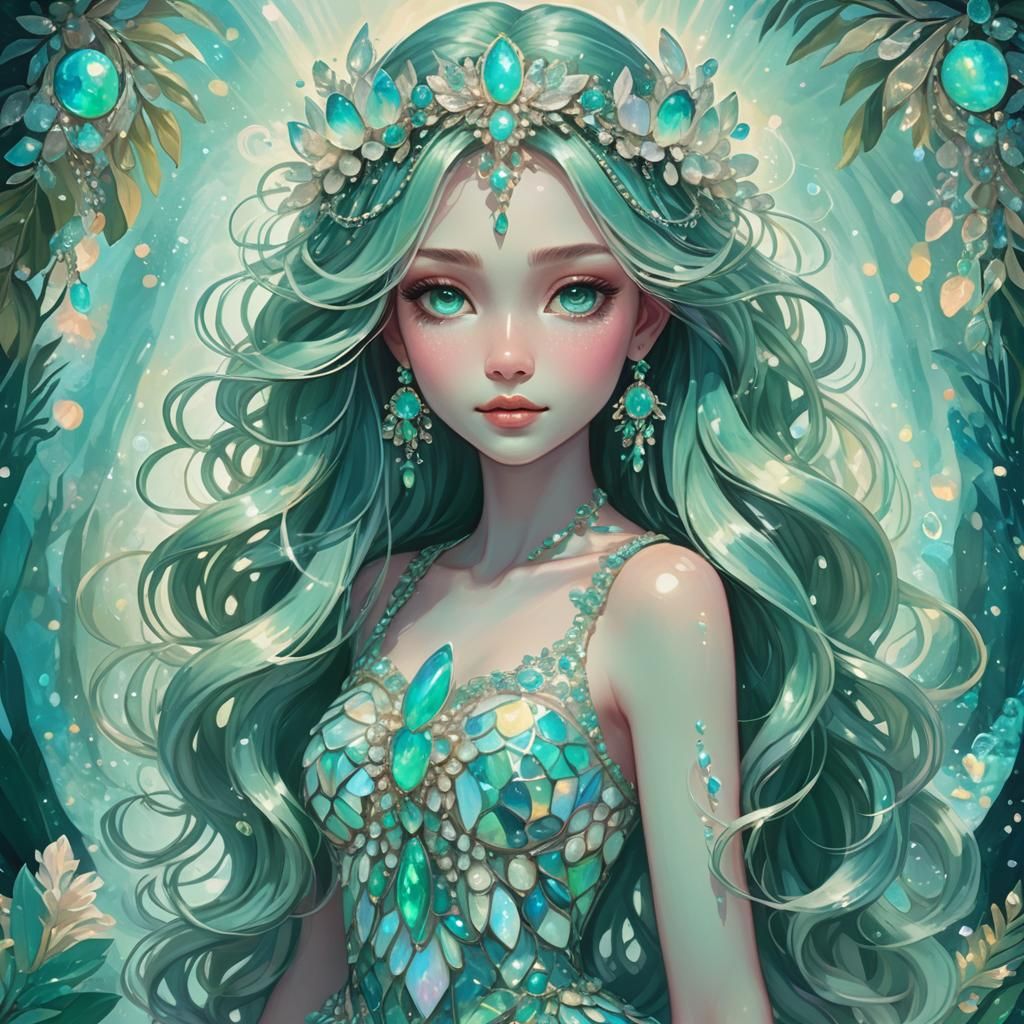 Opal Iridescent Anime Girl in 3D Rendered Style