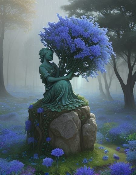 Stone Figure Adorned with Blue Cornflower Rain