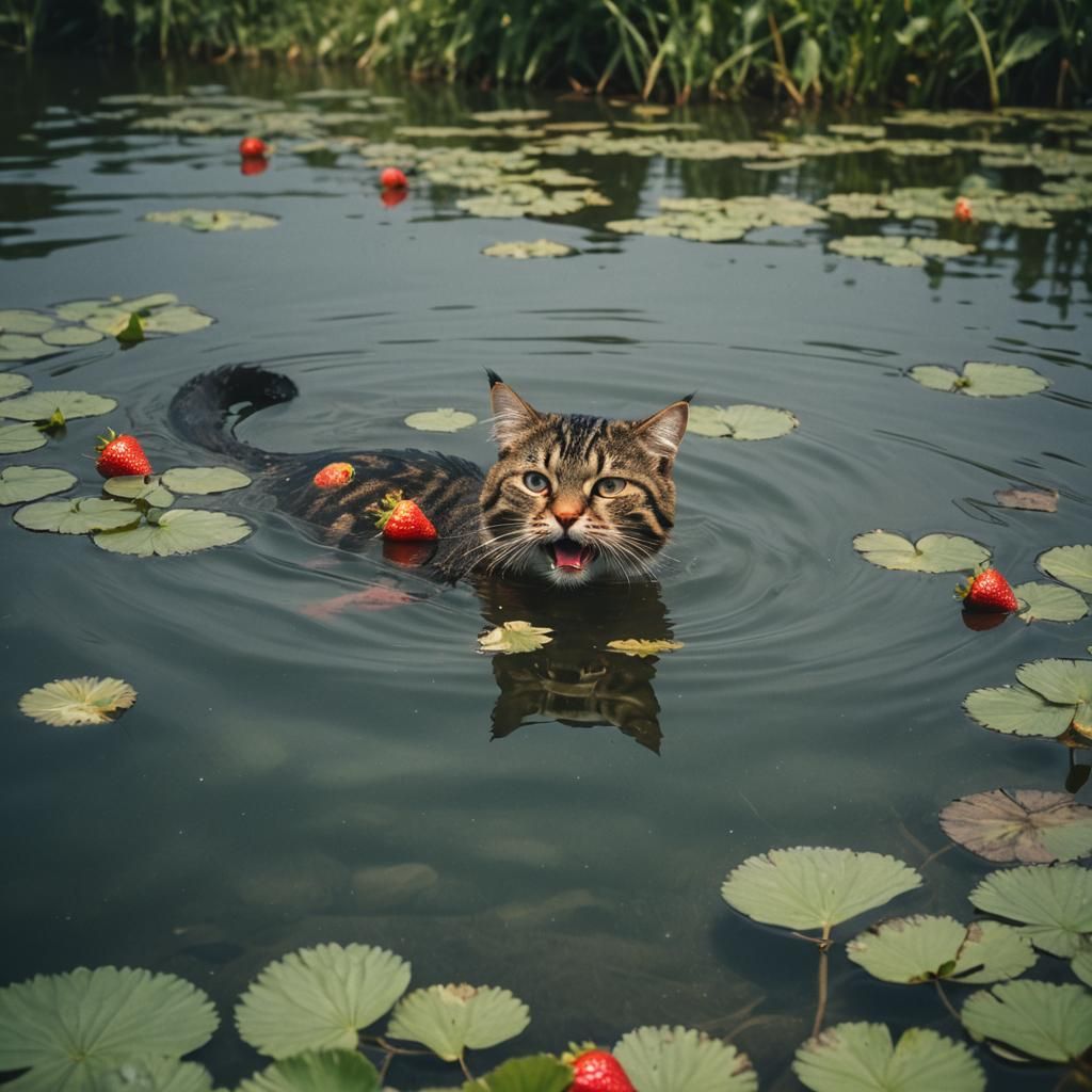 Cat Swimming with Strawberries: Cinematic Film Still