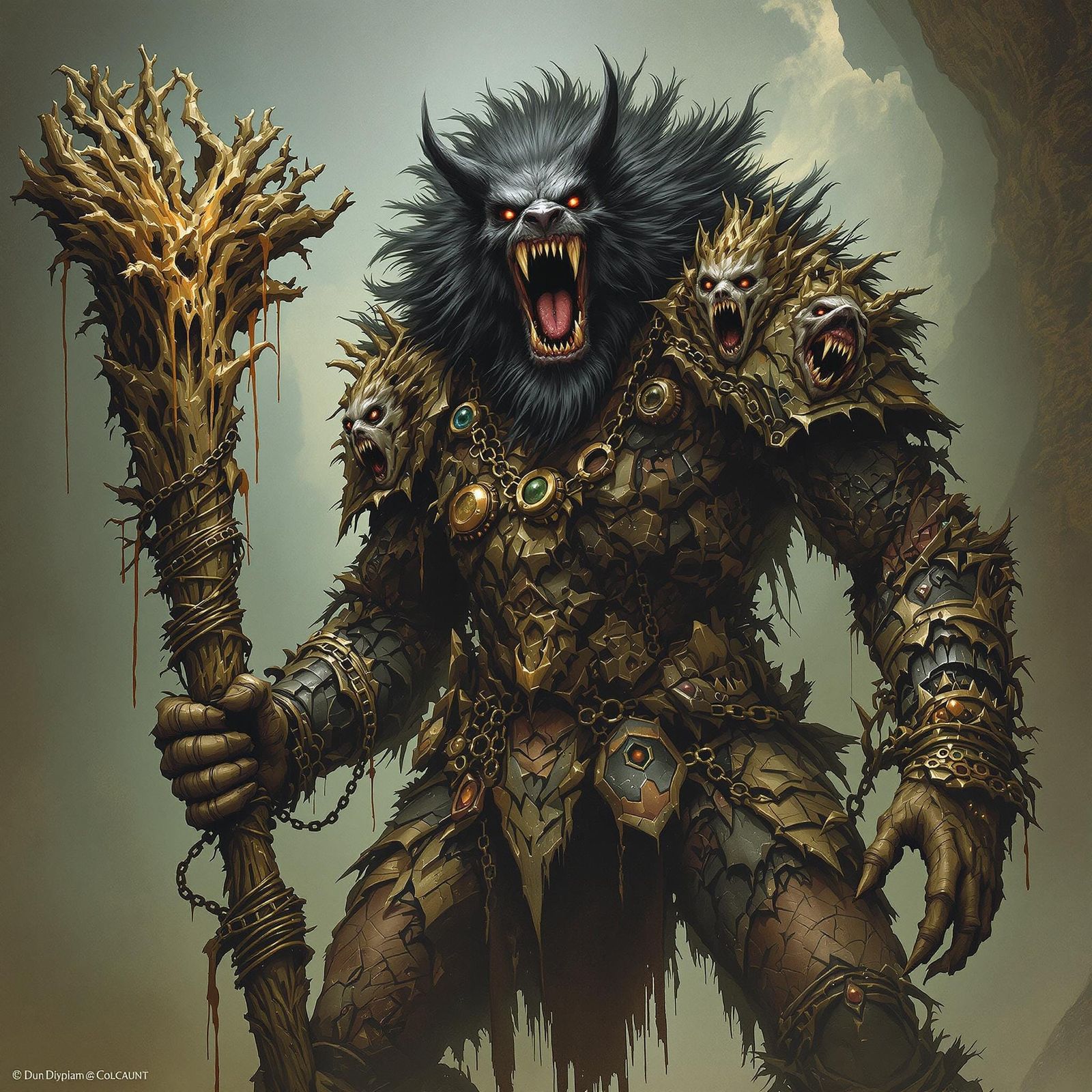 Dark Fantasy Giant Fey Beast in Corroded Armor