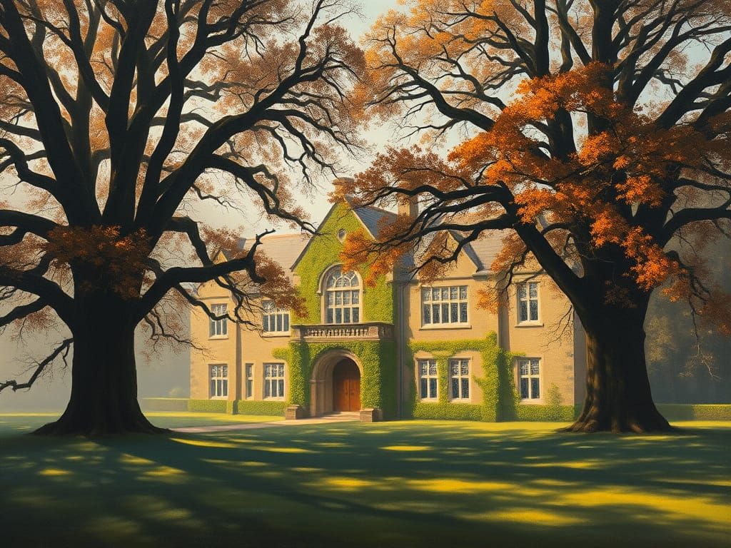 Atmospheric Oil Painting of Old English Boarding School in A...