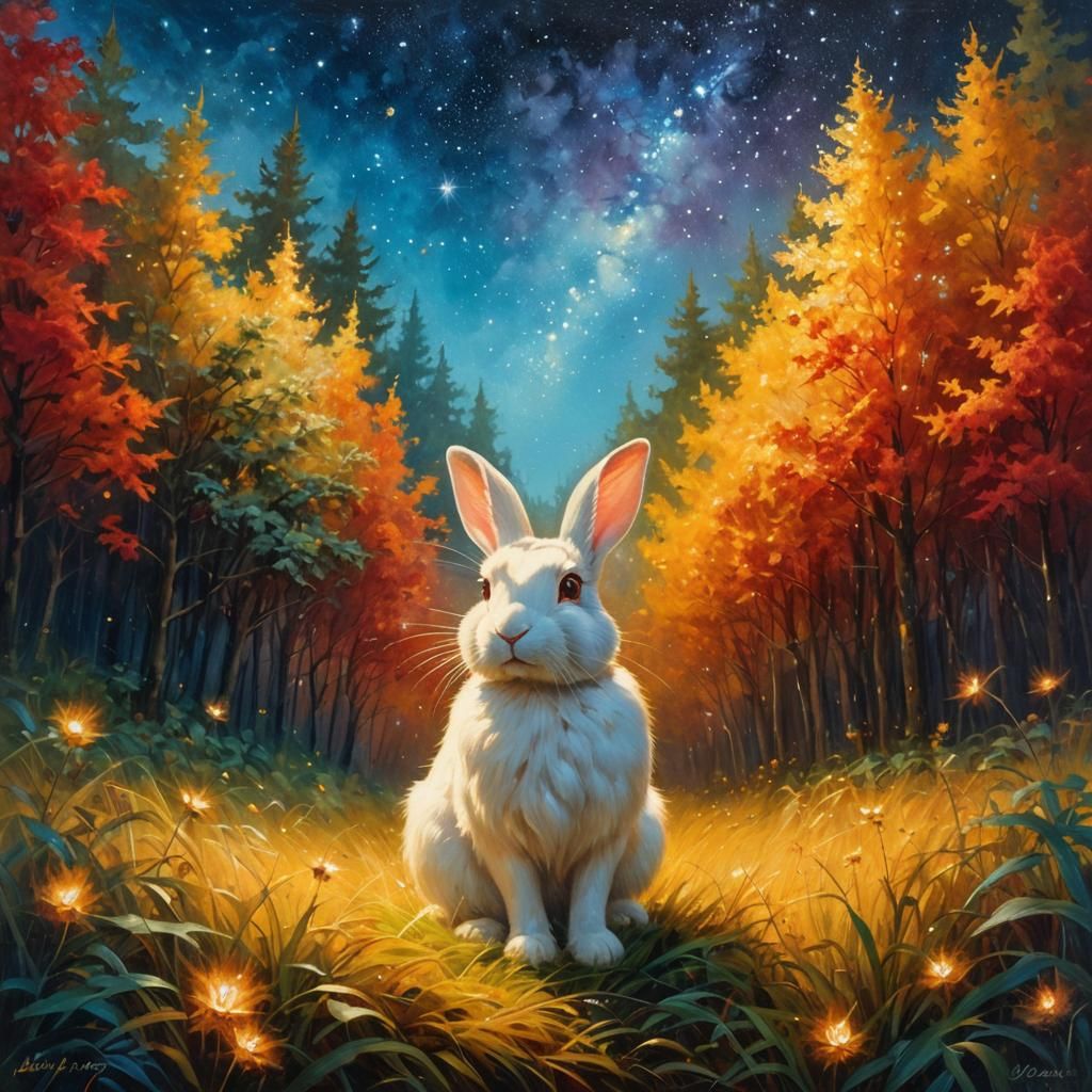Rabbit in Autumn Meadow, Oil Painting