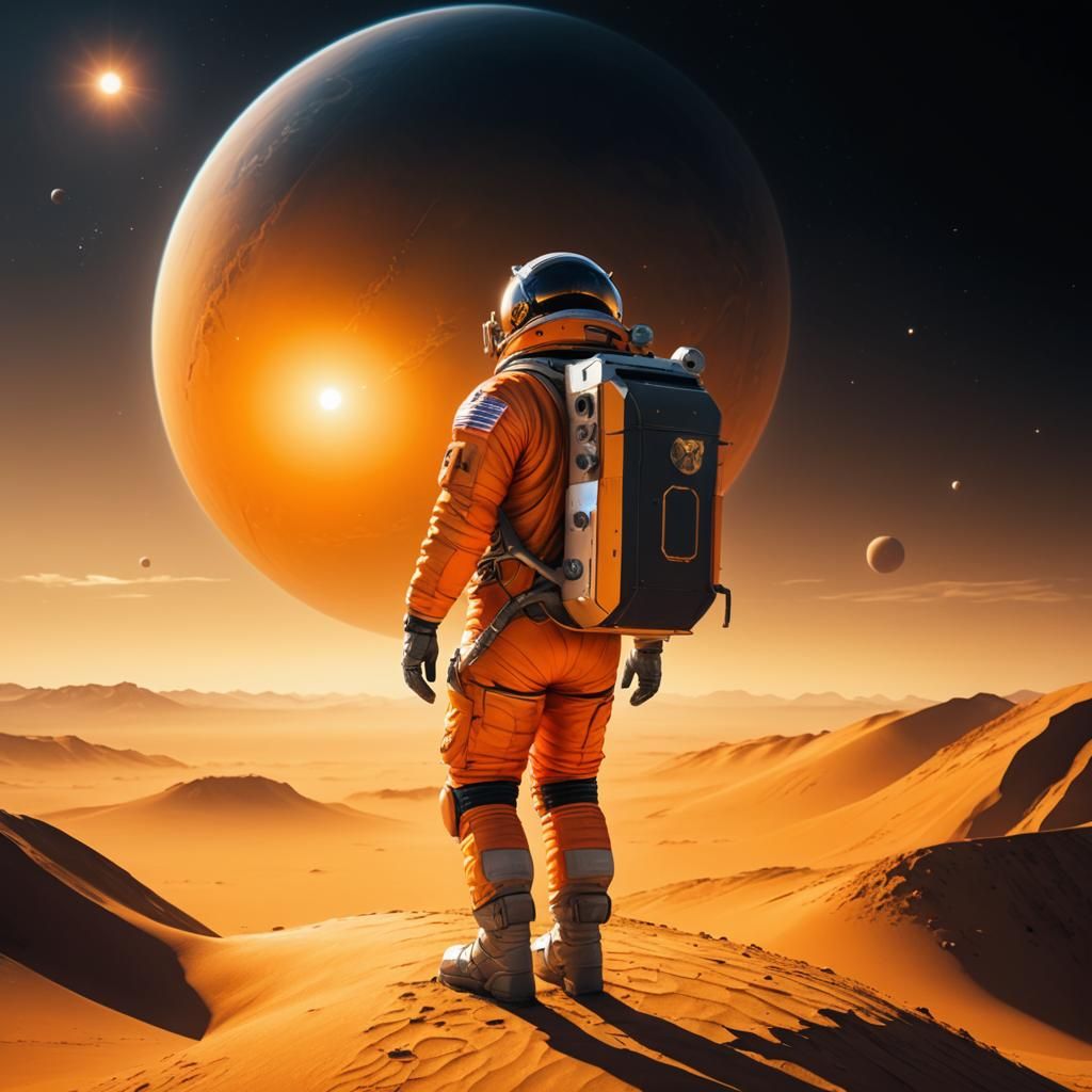Astronaut on Distant Planet Gazing at Ringed World