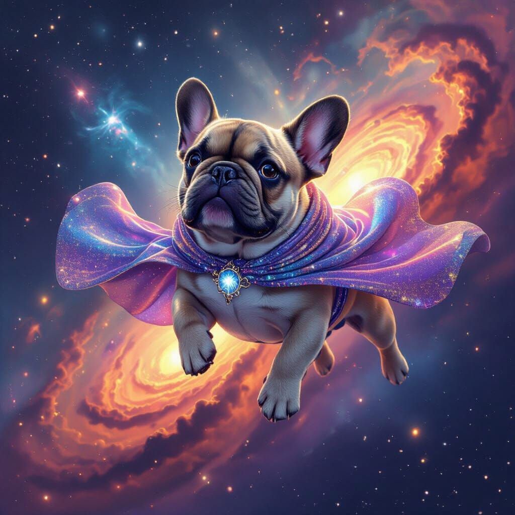 Celestial French Bulldog Soaring Through the Cosmos