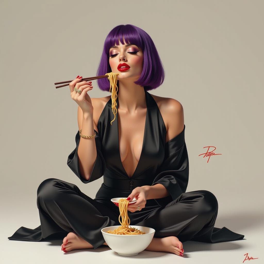 Woman Indulging in Noodles with Defiance