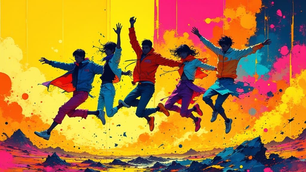 People Jumping with Joy in Vibrant Clothing