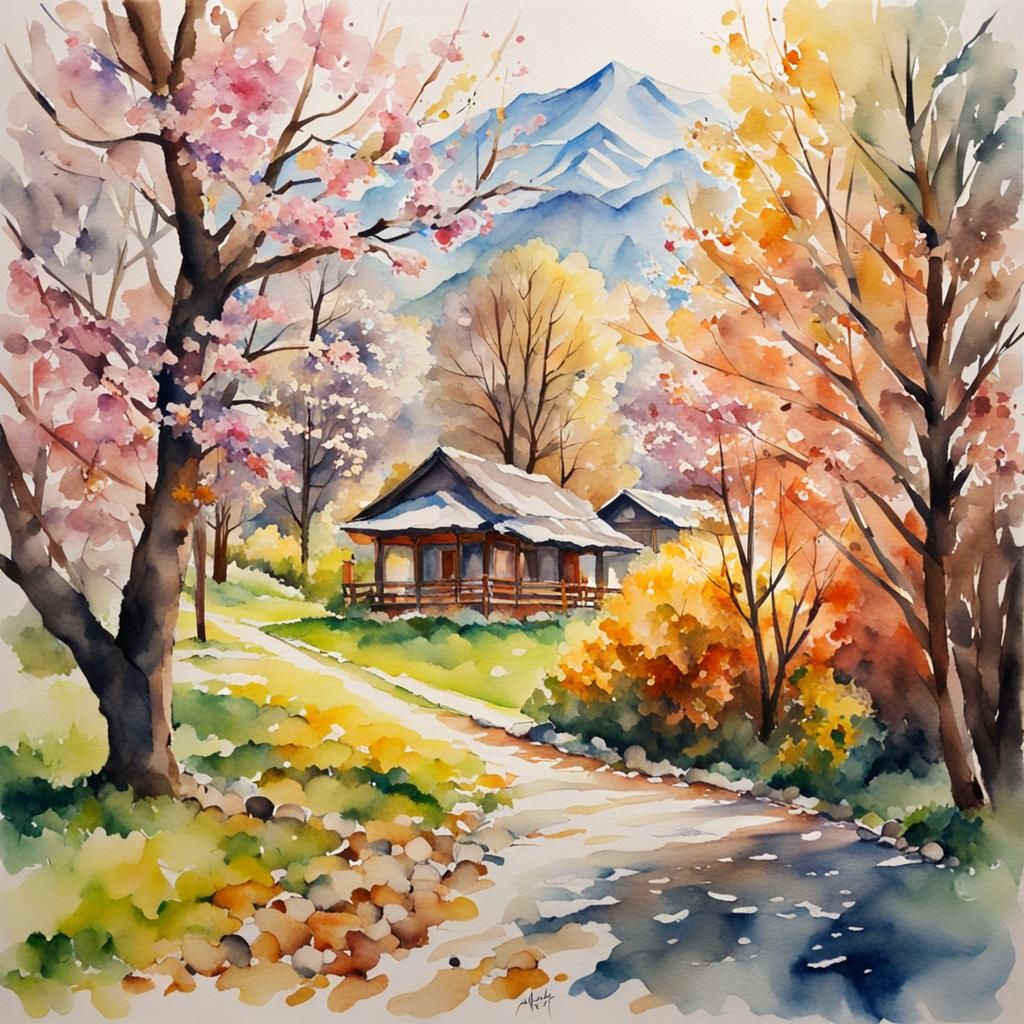 Hyperrealistic Watercolor of Spring and Autumn in Almaty