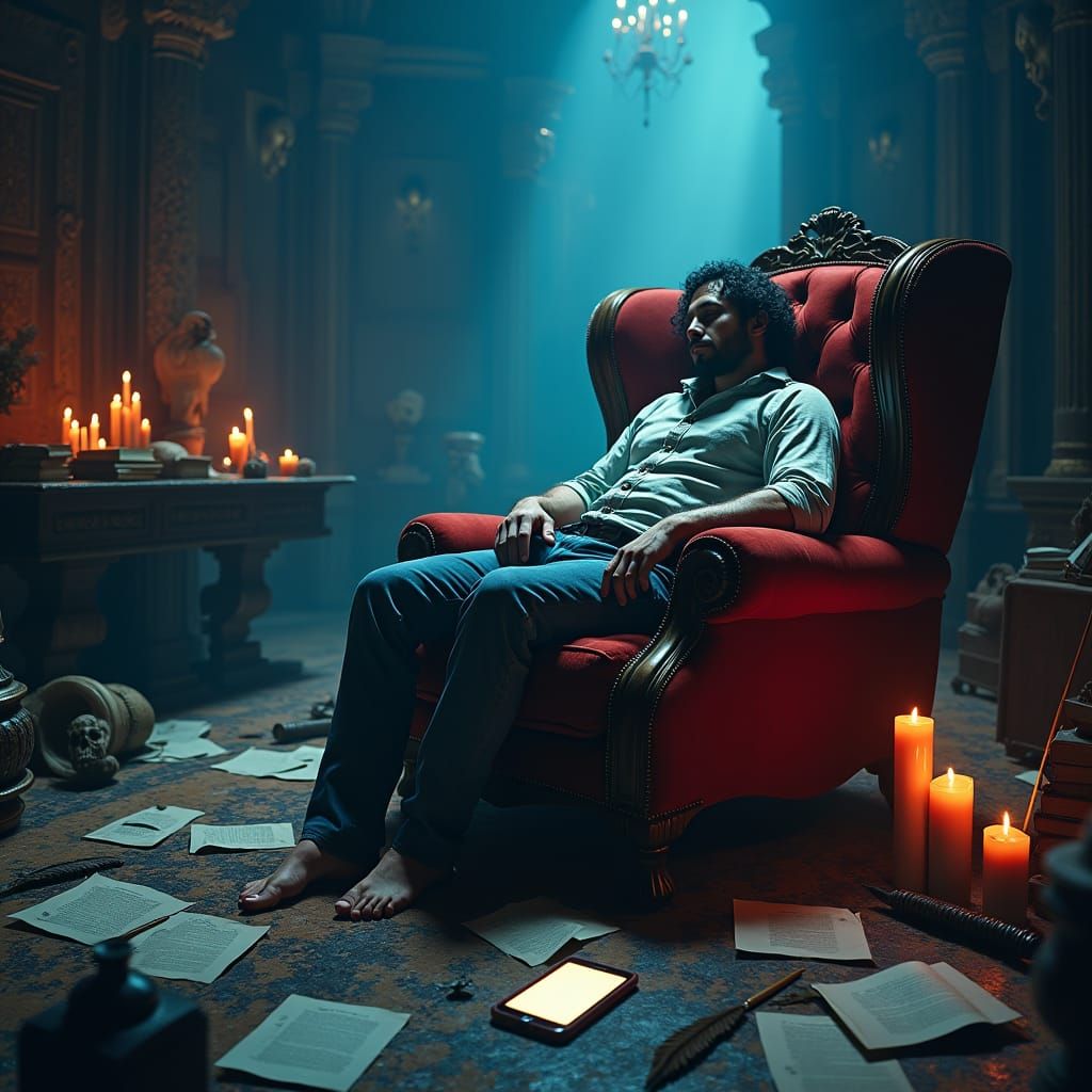 Drained Creativity: Person Slumped in Mystical Chamber