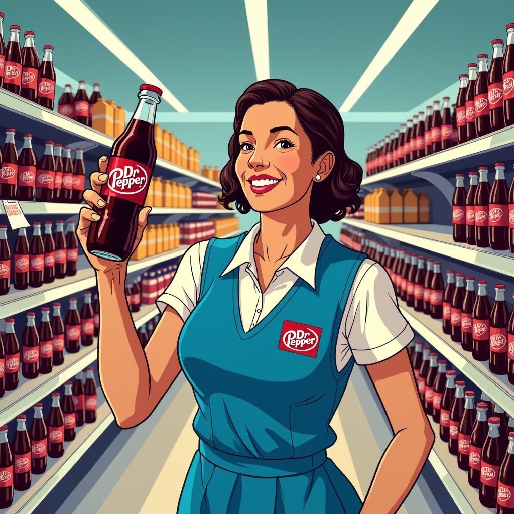 Walmart Clerk Surrounded by Dr. Pepper, Graphic Illustration