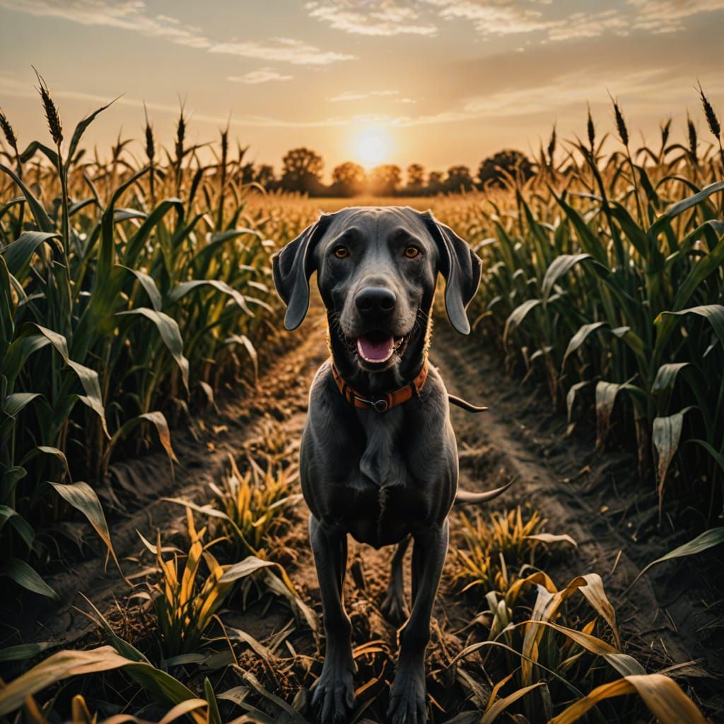 Epic Demonic Weimaraner in Golden Cornfield