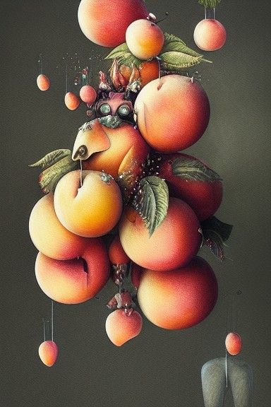 Surreal Anthropomorphic Peaches in Mixed Media