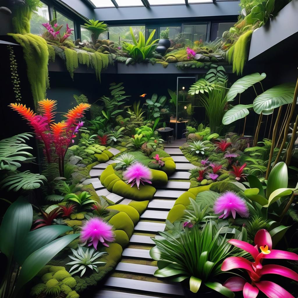 Lush Urban Garden Oasis with Cats, Maximalist Style