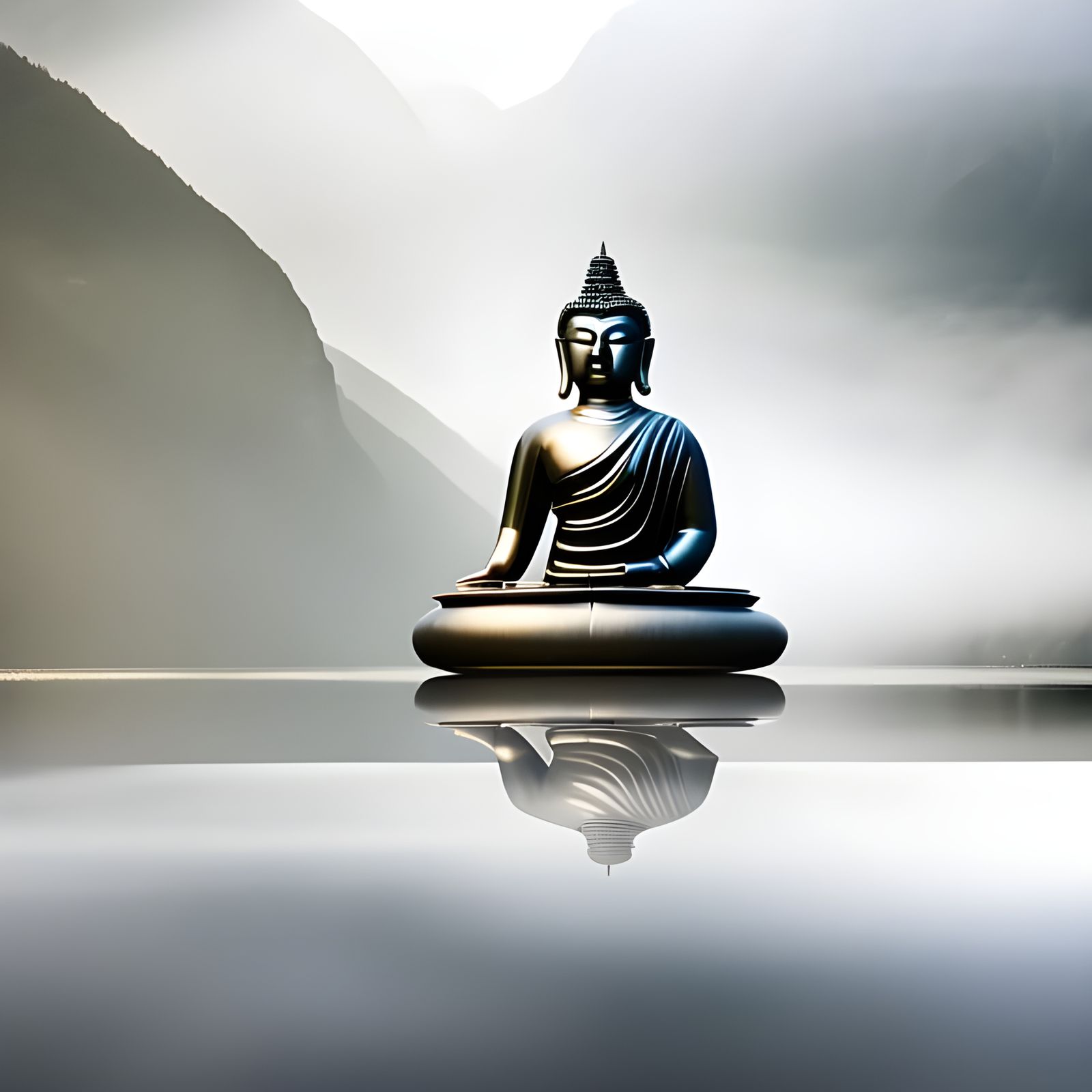 Buddha in Flying Saucer Meditating Above Lake