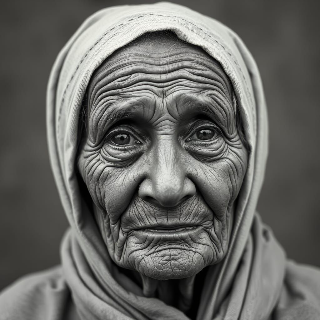 Monochromatic Portrait of Elderly Woman in Expressive Lighti...
